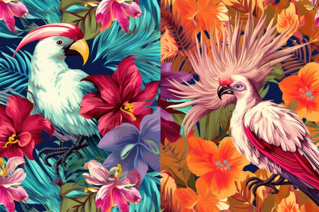 Tropical exotic pattern with animal and flowers in bright colors and lush vegetation ai generative