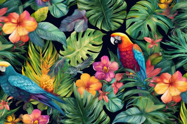 Foto disegno esotico tropicale con animali e fiori a colori vivaci e vegetazione lussureggiante ai generativo