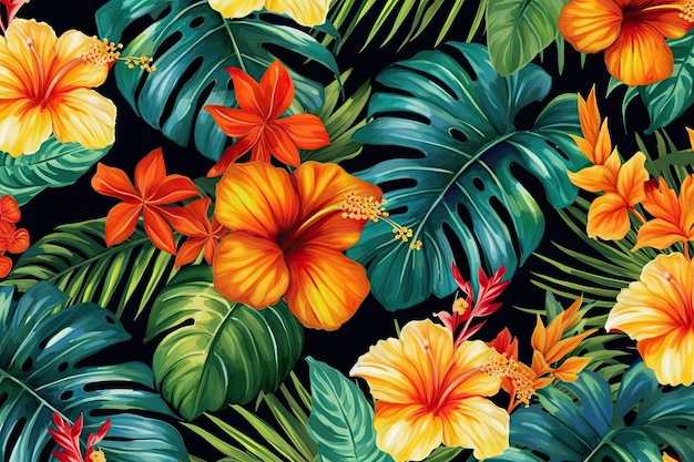 Tropical exotic pattern with animal and flowers in bright colors and lush vegetation ai generative