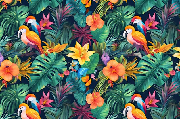 Tropical exotic pattern with animal and flowers in bright colors and lush vegetation ai generative