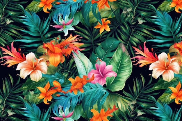 Foto disegno esotico tropicale con animali e fiori a colori vivaci e vegetazione lussureggiante ai generativo