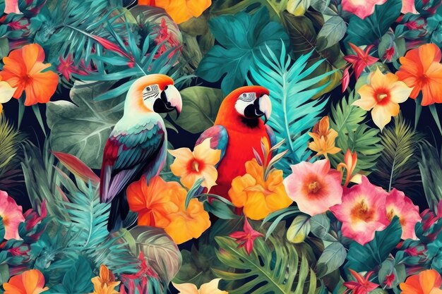 Tropical exotic pattern with animal and flowers in bright colors and lush vegetation ai generative