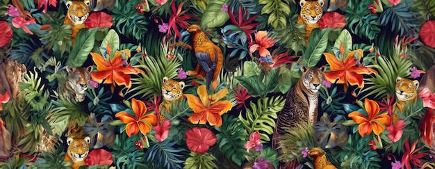 Disegno esotico tropicale con animali e fiori a colori vivaci e vegetazione lussureggiante ai generativo