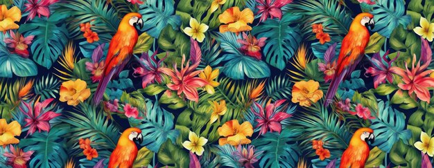 Foto disegno esotico tropicale con animali e fiori a colori vivaci e vegetazione lussureggiante ai generativo