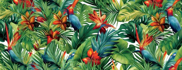 Foto disegno esotico tropicale con animali e fiori a colori vivaci e vegetazione lussureggiante ai generativo