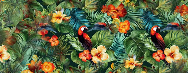 Foto disegno esotico tropicale con animali e fiori a colori vivaci e vegetazione lussureggiante ai generativo