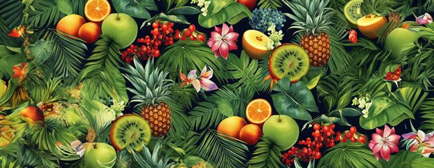 Tropical exotic pattern with animal and flowers in bright colors and lush vegetation ai generative