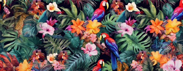 Tropical exotic pattern with animal and flowers in bright colors and lush vegetation ai generative