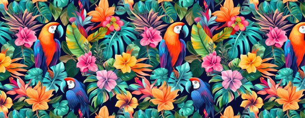 Tropical exotic pattern with animal and flowers in bright colors and lush vegetation ai generative