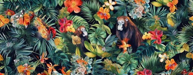 Tropical exotic pattern with animal and flowers in bright colors and lush vegetation ai generative