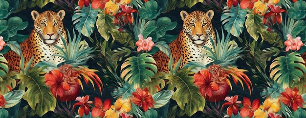 Foto disegno esotico tropicale con animali e fiori a colori vivaci e vegetazione lussureggiante ai generativo