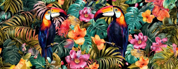 Disegno esotico tropicale con animali e fiori a colori vivaci e vegetazione lussureggiante ai generativo