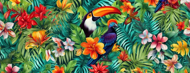 Foto disegno esotico tropicale con animali e fiori a colori vivaci e vegetazione lussureggiante ai generativo