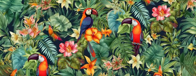 Foto disegno esotico tropicale con animali e fiori a colori vivaci e vegetazione lussureggiante ai generativo