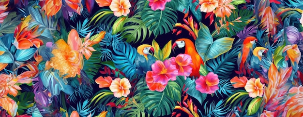 Photo tropical exotic pattern with animal and flowers in bright colors and lush vegetation ai generative