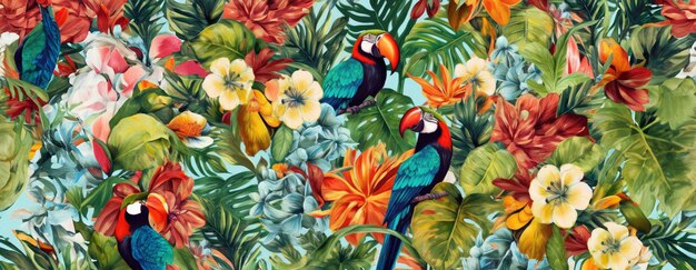 Disegno esotico tropicale con animali e fiori a colori vivaci e vegetazione lussureggiante ai generativo