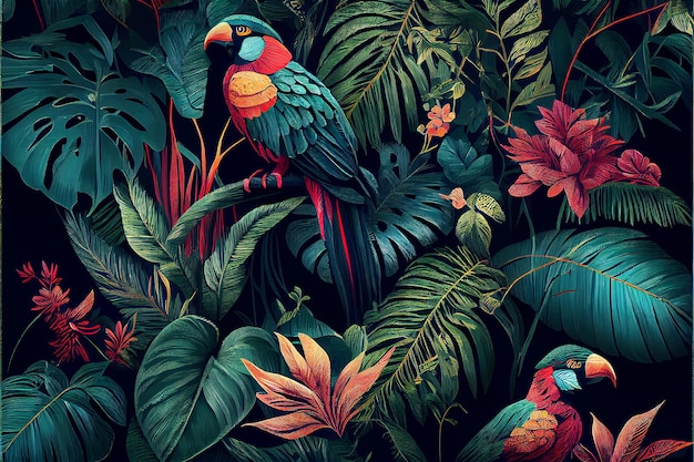 Tropical exotic pattern with parrots and flowers in bright colors generative AI