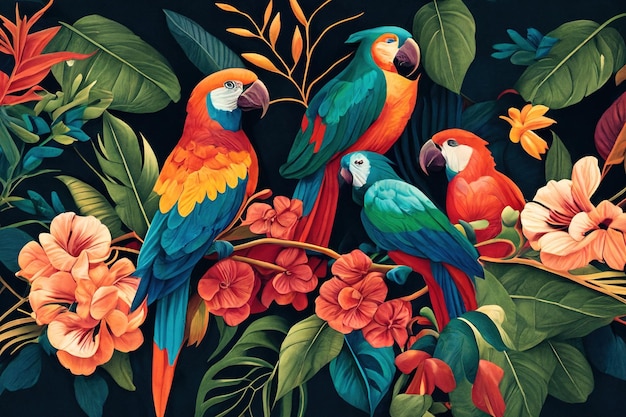 Tropical exotic pattern with parrots and flowers Generative AI