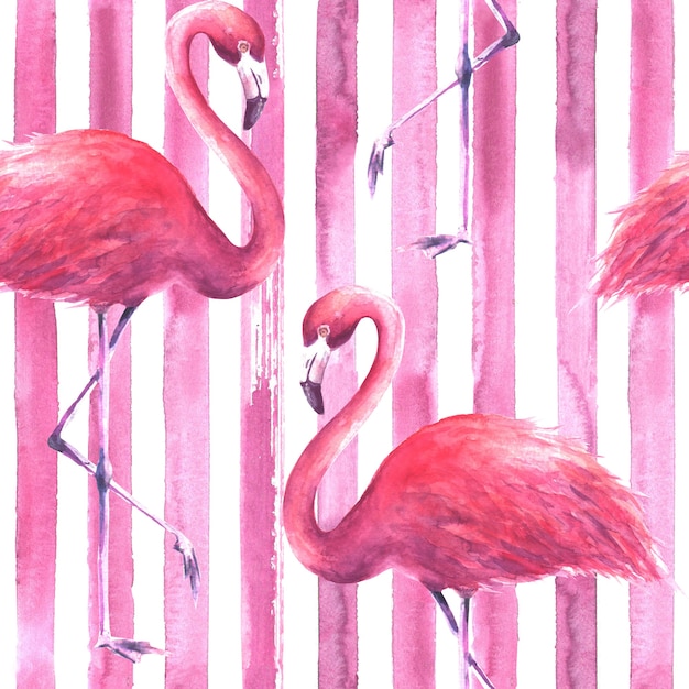 Tropical exotic pink flamingos on vertical striped pink and white background. Watercolor hand drawn illustration. Seamless pattern for wrapping, wallpaper, textile, fabric.