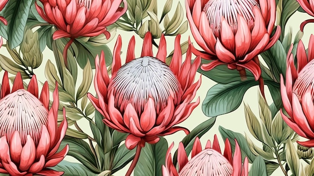 Tropical exotic seamless pattern with protea flower