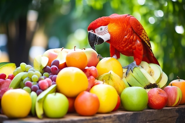 Foto pappagallo tropicale che mangia frutti esotici