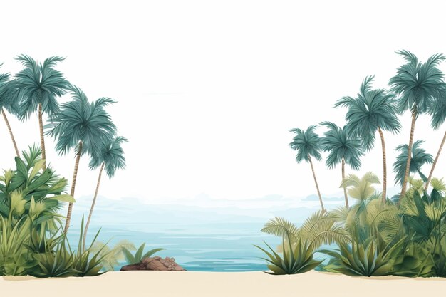 Тропический мелкий песчаный пляж с размытым морским солнцем, небом, облаками, фоном и пустым местом для рекламы продукта Монтаж летнего релаксационного фона, генеративный AI