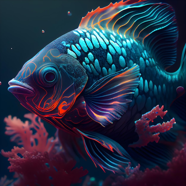 暗い背景の 3 D イラストレーションに熱帯魚