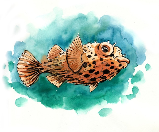 Tropical fish in green water. Ink and watercolor drawing