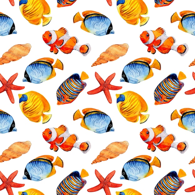Тропическая рыба бесшовный узор на белом фоне Акварельная иллюстрация Красивый клипарт для дизайна ткани обои летняя одежда купальники гидрокостюмы и пляжные коврики