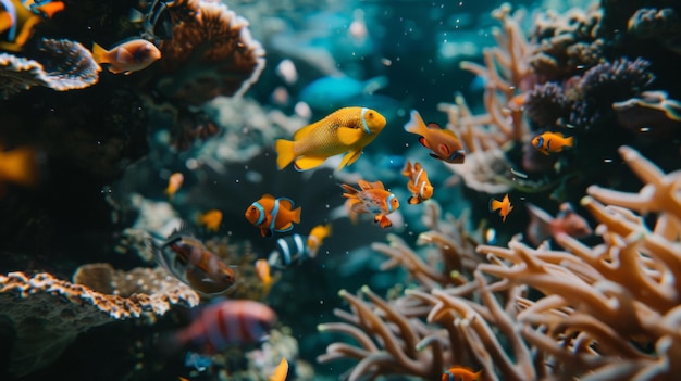 Photo tropical fish swimming among vibrant coral reefs in clear underwater habitat