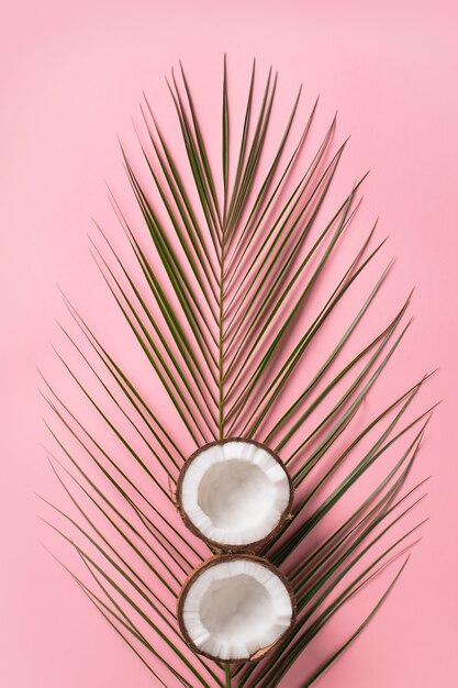 Tropical flat lay with palm leaves and coconut 