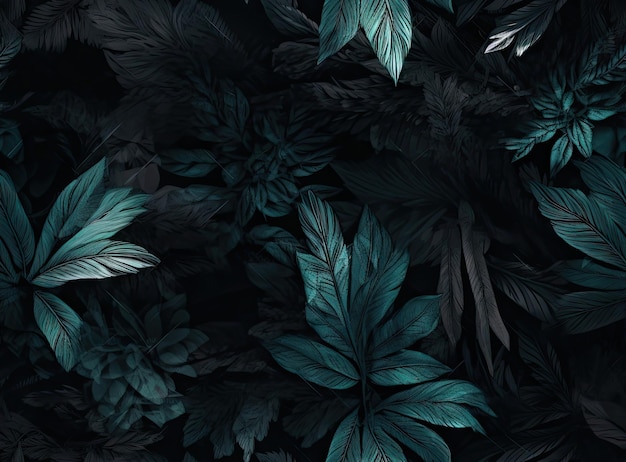 熱帯の花は、黒いジャングルの背景にシームレスなパターンの緑色を残します自然な写真のコラージュ緑色花柄とモダンな壁紙の芸術的なデザイン