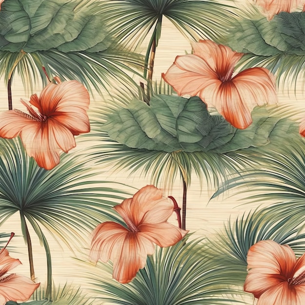 A tropical floral pattern with hibiscus flowers on a beige background.