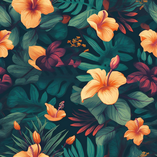 A tropical floral pattern with hibiscus flowers on a dark background.