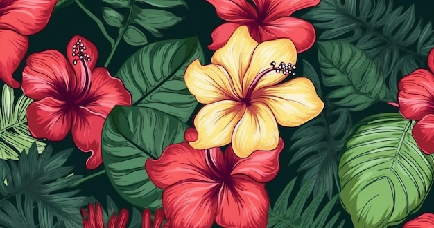 A tropical floral pattern with hibiscus flowers on a green background.