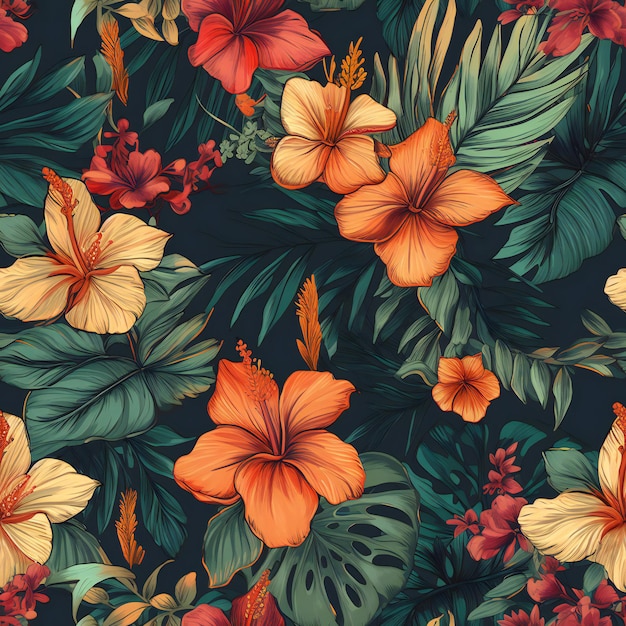 A tropical floral pattern with hibiscus flowers.