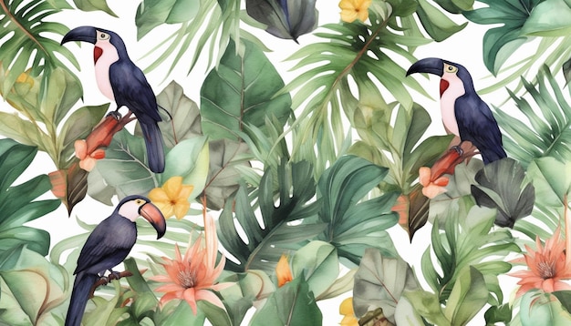 A tropical floral pattern with tropical birds and tropical leaves.