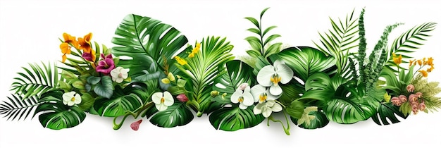 A tropical flower border with tropical leaves and flowers.