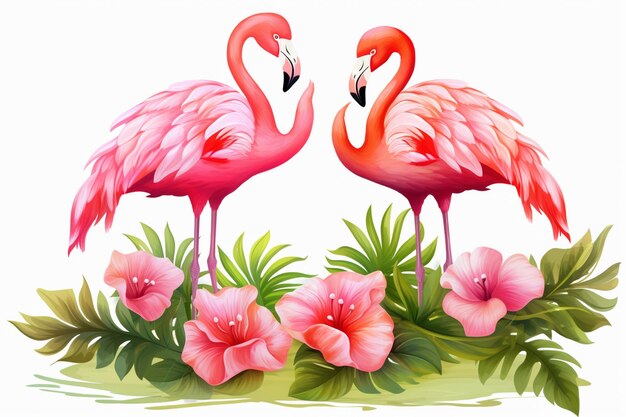 Photo tropical flower and flamingos on white background