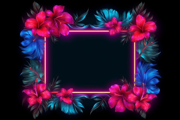 Tropical flower neon frame template in a neon leaves with blue and pink leaves background