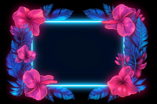 Tropical flower neon frame template in a neon leaves with blue and pink leaves background