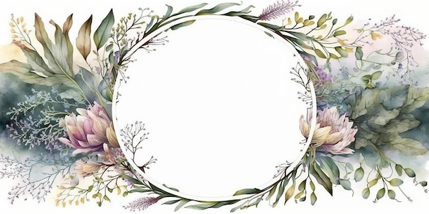 Tropical flowers and artistic leaves Floral botanical watercolor wreath AI generated