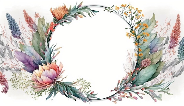 Tropical flowers and artistic leaves Floral botanical watercolor wreath AI generated