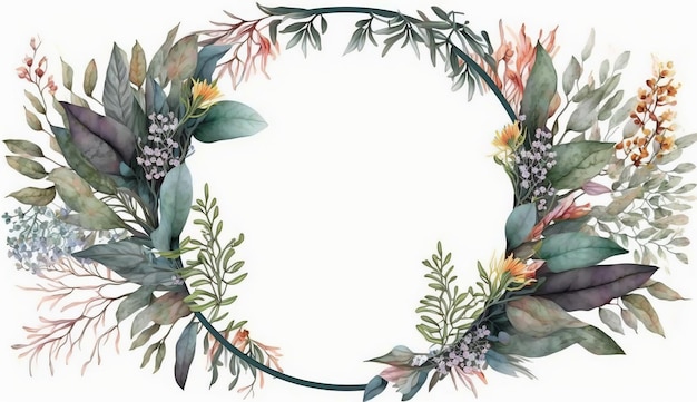 Tropical flowers and artistic leaves Floral botanical watercolor wreath AI generated