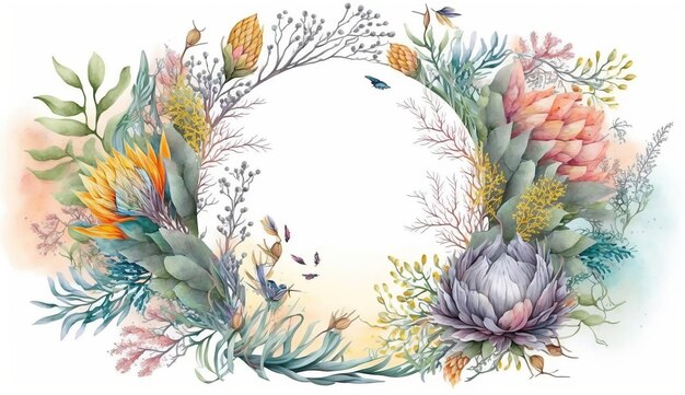 Tropical flowers and artistic leaves Floral botanical watercolor wreath AI generated