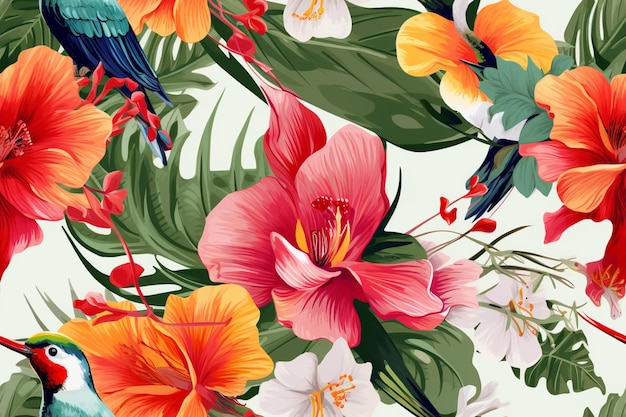 Tropical flowers and birds seamless pattern