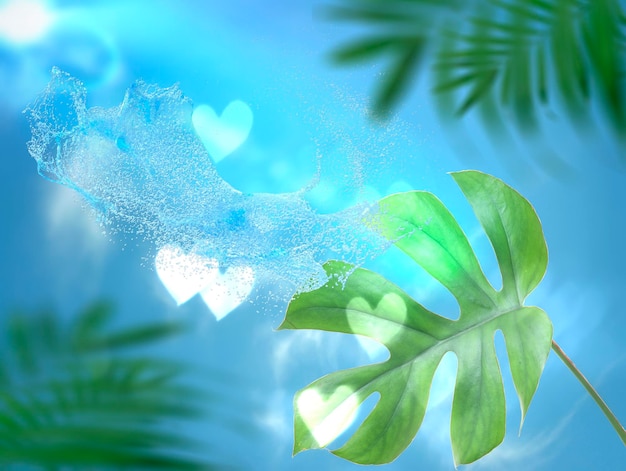 tropical flowers and blue sky water and splash on beach table at sea  sunlight beam flares