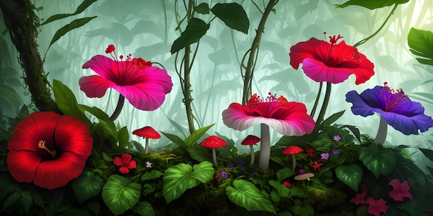 Тропические цветы в джунглях на естественном фоне, яркая иллюстрация, сгенерированная ai