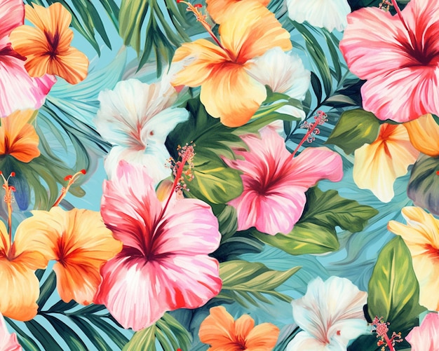 tropical flowers and leaves are painted in a bright blue background generative ai