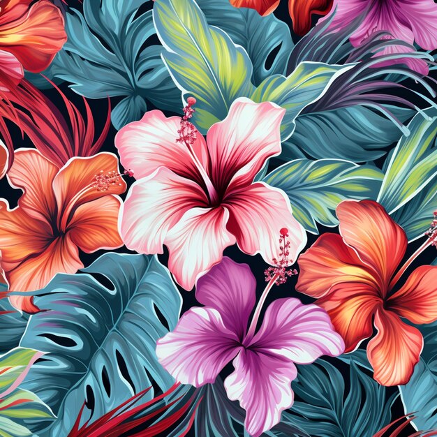 Tropical flowers and leaves are painted in a seam pattern generative ai